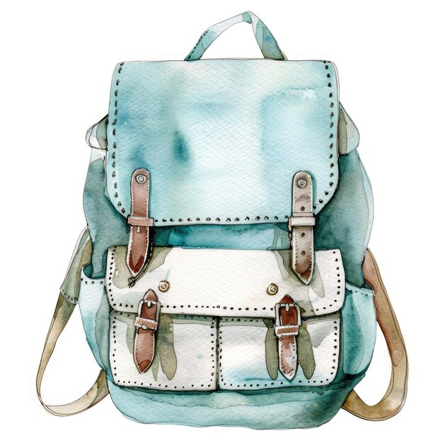 Isolated watercolor illustration of light blue and white backpack for students or tourists