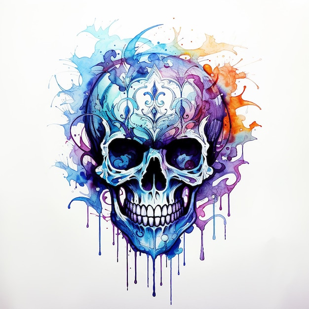 Isolated Watercolor Sugar Skull Tattoo Design