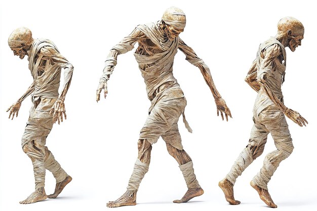 isolated on a white backdrop is a realistic ancient undead walking mummy in a dynamic pose generative ai