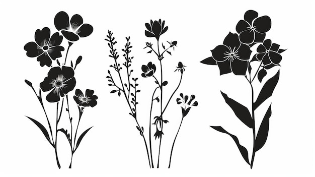 Isolated on a white background are three modern black silhouettes of flowers