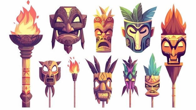 Photo isolated on white background are tiki masks a hawaiian tribal totem and burning torches modern cartoon set of traditional polynesian statues