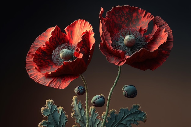 Isolated on a white background are two crimson poppies