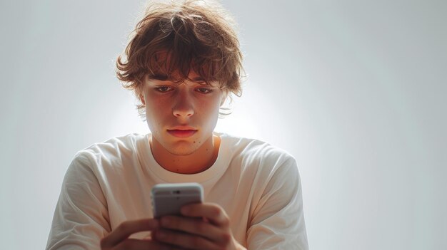 Isolated in white background a Caucasian young man is happy using his smart phone to make calls to access social media to use mobile applications online