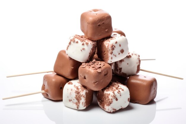 Foto marshmallows isolati con sfondo bianco ricoperti di cioccolato