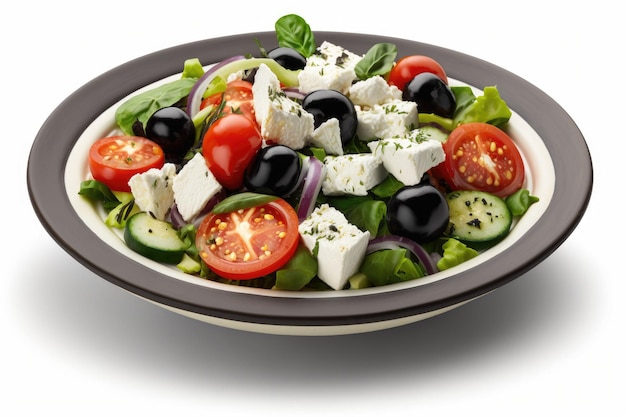 Isolated white background closeup of a Greek salad