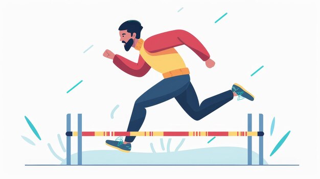 Isolated on white background flat modern illustration of industrious male character jumping over barrier Ambitious male character overcoming obstacle difficulty problem life problem challenge