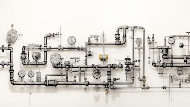 Изолирована на белом фоне стена с трубами система водоснабжения сложная система снабжения газопровод топливный трубопровод клапаны и выключатели