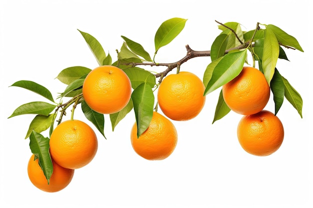 Изолированная на белом фоне ветка апельсинового дерева с висящими оранжевыми плодами.