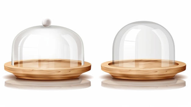 Isolated on white background realistic glass dome and wooden tray with reflection Glass dome with various shapes wooden tray with reflection and food storage container isolated on white