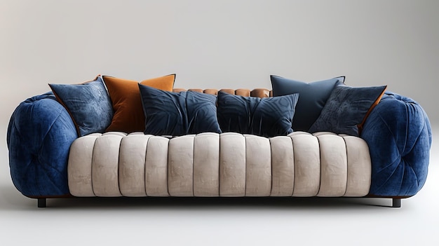 An isolated white background shows a modern fabric sofa