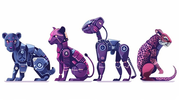 Photo an isolated white background shows a set of futuristic pets cyborgs including a purple mechanical rat hare jaguar and reptile