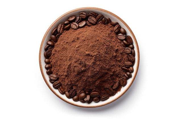 Изолированный белый фон, вид сверху на кофе и бобы