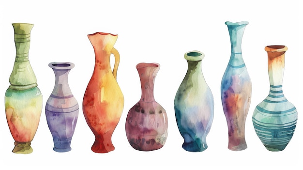 白い背景に隔離された水彩画 様々な現代的な花瓶の形状 セラミック陶器のコレクション インテリア装飾デザイン