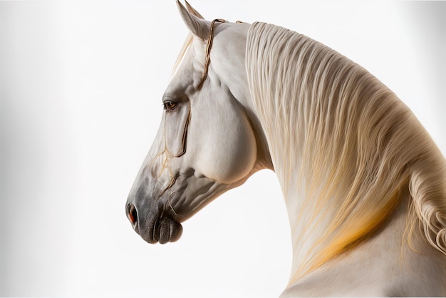 Isolated white background with a profile of a Portuguese lusitano horse
