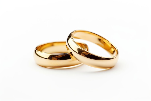 Photo isolated white background with two golden wedding rings representing a wedding ring concept