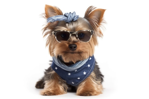 Isolated on white background a Yorkshire Terrier puppy dog wears a bandana and tiny sunglasses