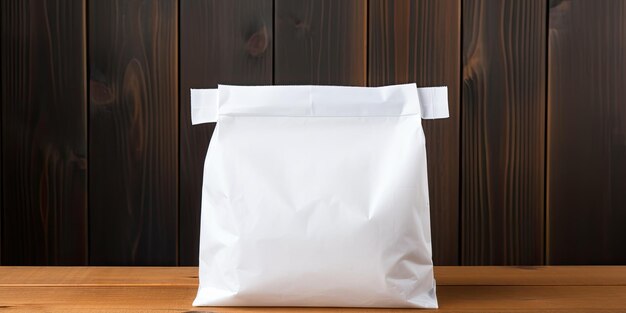 Isolated white bag for desserts on wooden table with space for text