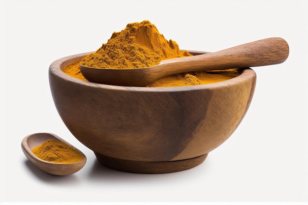 Isolated on white a bowl of turmeric powder and a wooden spoon