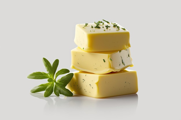 Isolated on white a close up of a stack of butter bits flavored with herbs