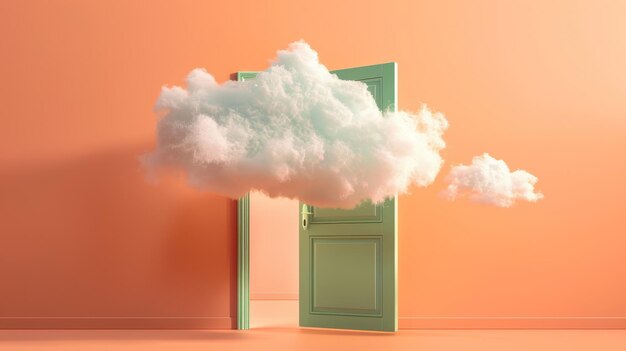 Photo an isolated white fluffy cloud flies through the green door isolated on a peachy background the concept is modern and minimal