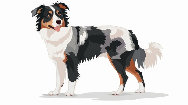 Photo isolated white modern illustration of a happy border collie dog cute friendly puppy with multicolor spotted coat