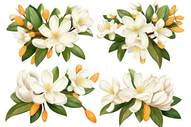 Isolated white neroli flowers and buds Citrus bloom Five orange blossoms