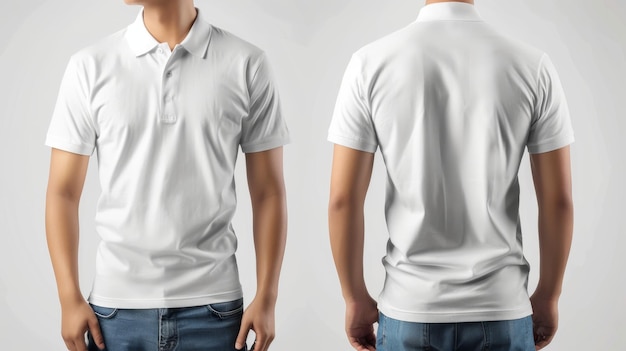 An isolated white polo tshirt mockup featuring a male model wearing a plain white shirt Polo shirt design template Blank tees for printing