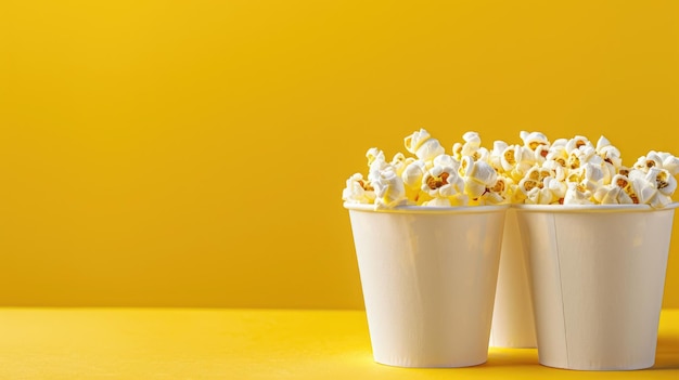 Isolated white popcorn cups against yellow background ideal for branding