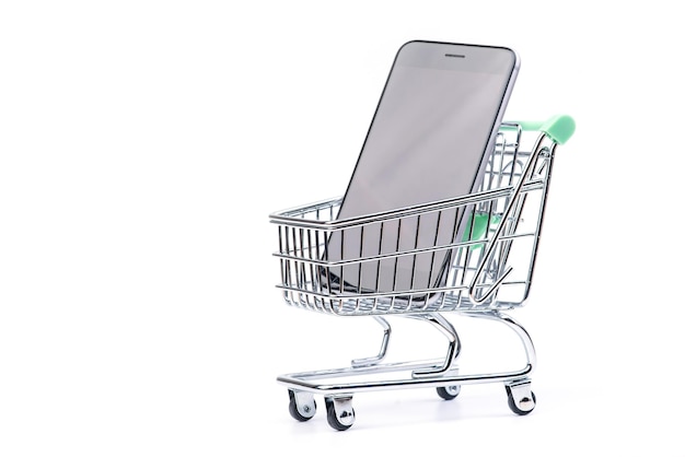 Isolated on white Smart phone in shopping cart
