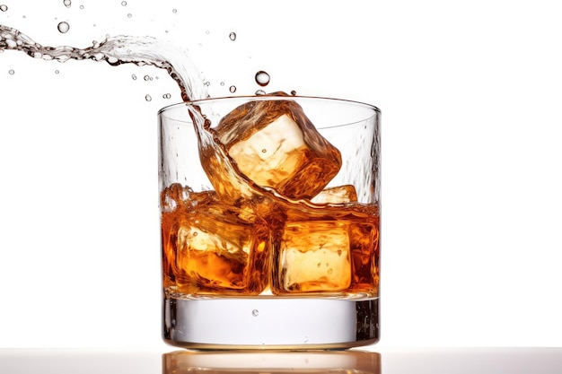 Isolated white whiskey glass with splashing ice