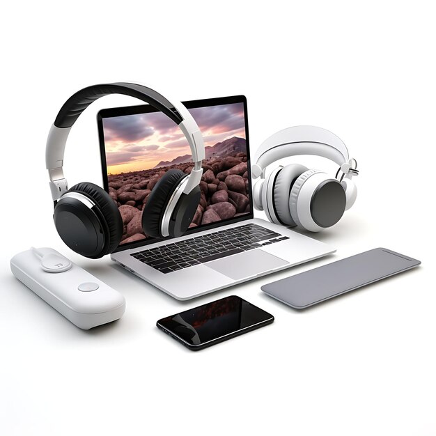 Isolated of Wireless Headphones Tablet Mouse and Nomad Visa Remote Job Travel Creative Desig