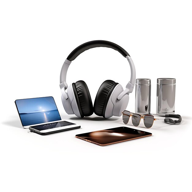 Isolated of Wireless Headphones Tablet Mouse and Nomad Visa Remote Job Travel Creative Desig