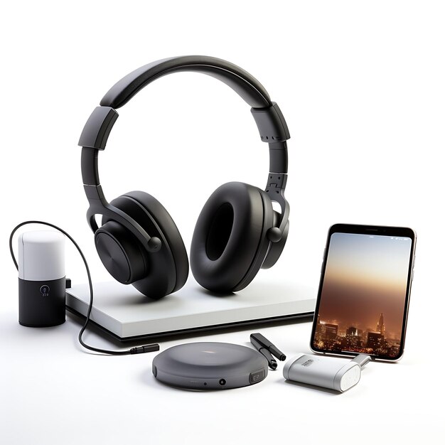 Isolated of Wireless Headphones Tablet Mouse and Nomad Visa Remote Job Travel Creative Desig