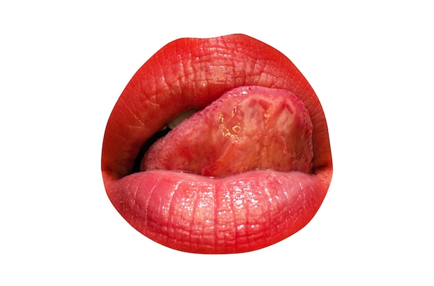 Isolated woman mouth with tongue licking sexy lips with red lipstick female tongue liking glossy lip