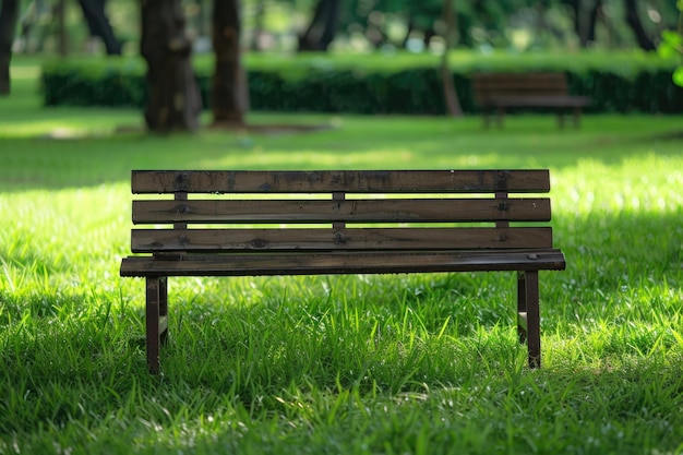 Изолированная деревянная скамейка на зеленой траве
