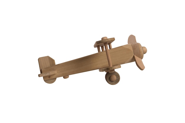 Isolated wooden airplane toy ready to fly