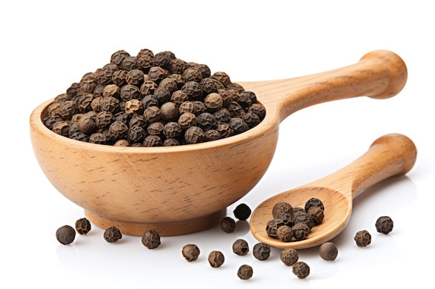 Isolated wooden bowl with black pepper seeds and spoon on white