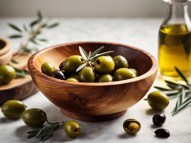 A Isolated wooden bowl with fresh olives in olive oil on a white background