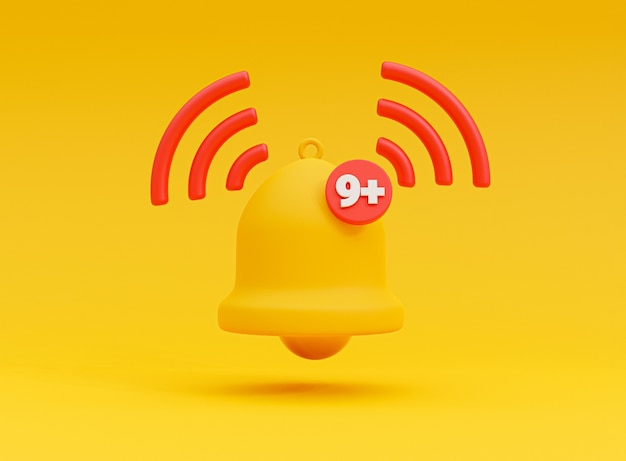 3Dレンダリング技術によるスマートフォンとアプリケーションリマインダーの黄色の背景に9つの通知で黄色のベル通知呼び出し音アラートを分離しました。