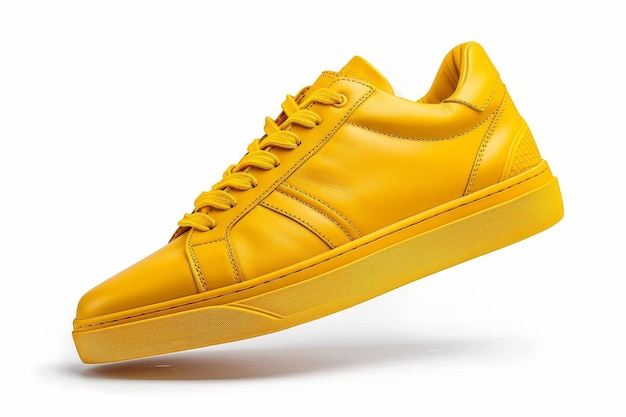 白い背景の黄色い革のスニーカー スポーツスタイリッシュなアスリートシューズ 靴店の広告キャンペーンのミニマリストなデザインとレイアウト