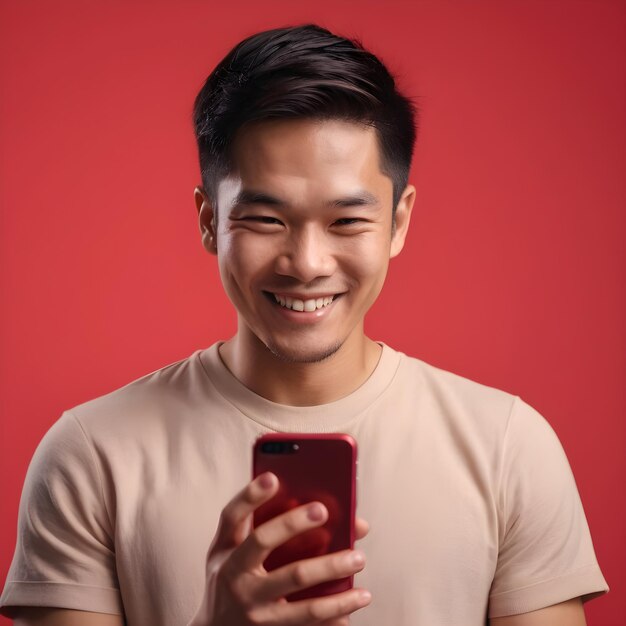 Isolated Young Smiling Asian man using a smartphone