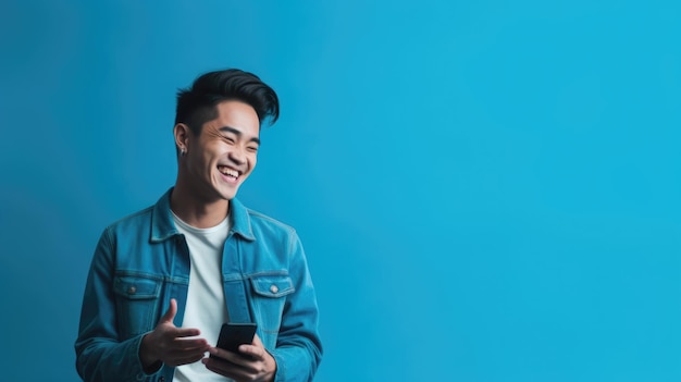 Foto isolato giovane uomo asiatico sorridente utilizzando uno smartphone