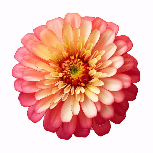 An isolated Zinnia bloom transparent on a pristine white backdrop is depicted in artistic botany