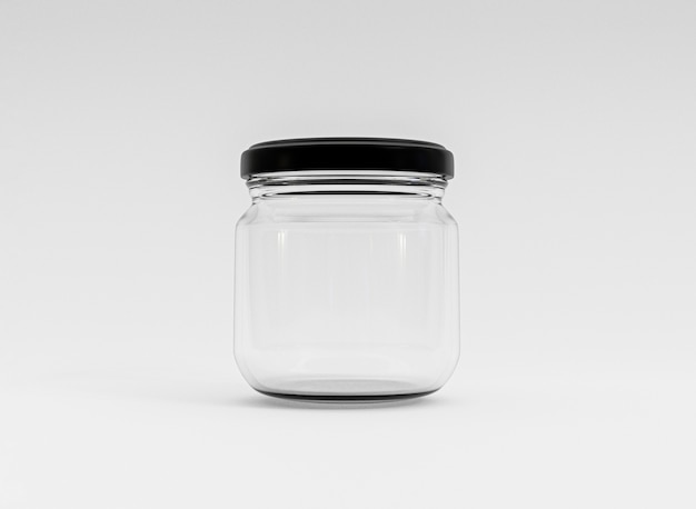 Isoleren van transparant glas gesloten pot met zwarte deksel op witte achtergrond door 3D-rendering.