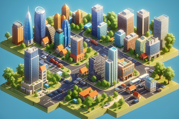 Photo isometric 3d city set summer town quarter with skyscrapers apartments offices houses streets urban traffic trees and nature