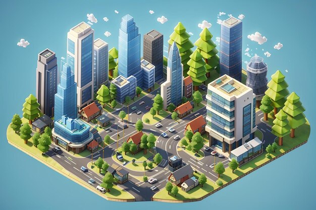 Photo isometric 3d city set summer town quarter with skyscrapers apartments offices houses streets urban traffic trees and nature