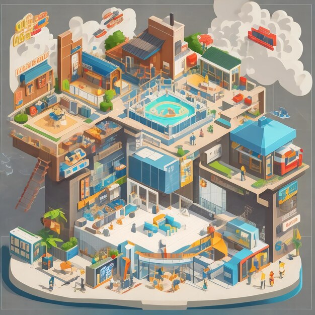 Photo isometric 3d city with buildings streets and roads