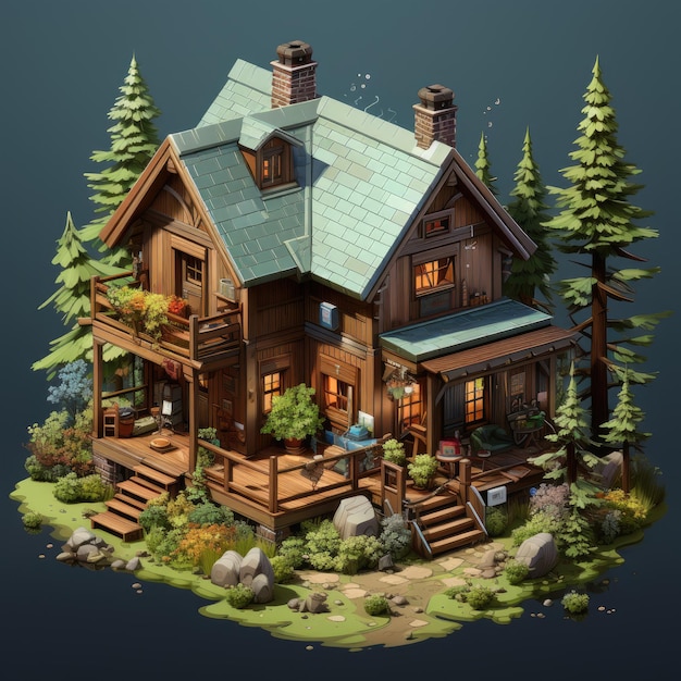 Isometric 3d country house in the forest