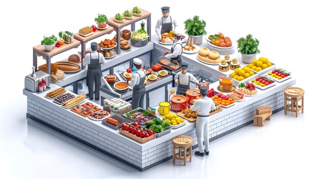 Isometric 3D Flat Icon of Airport Food Court Staff Preparing Meals and Serving Travelers to Meet Die