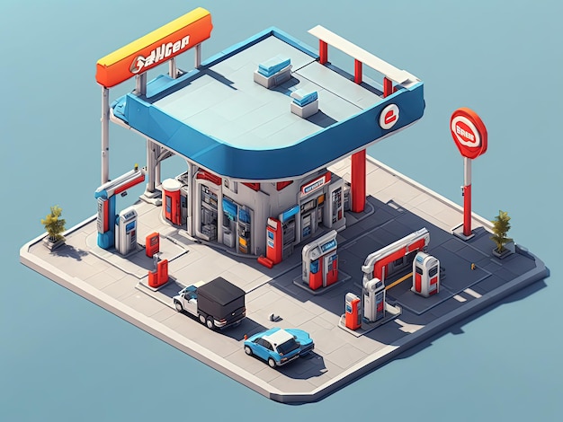 Photo isometric 3d gas station design car fueling stations